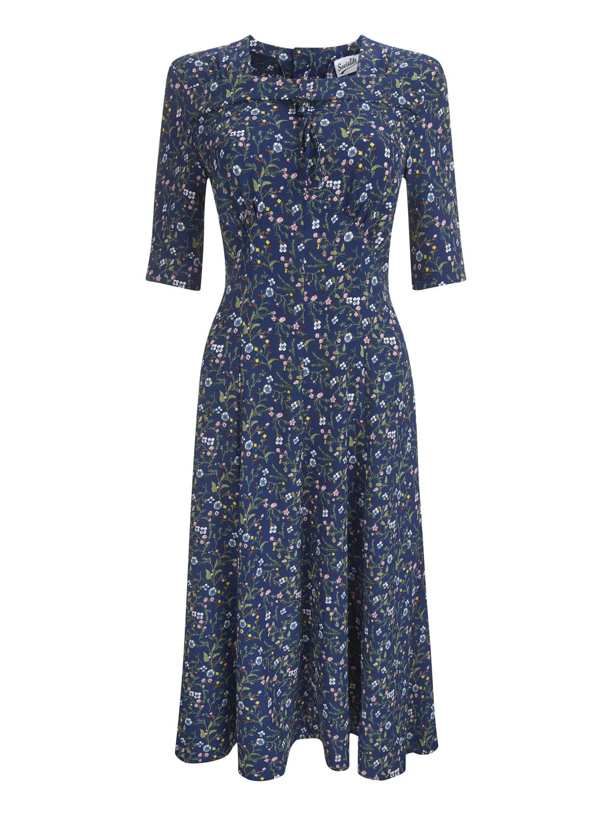 1940s Vintage Floral Tribute Tea Dress in Navy Blue