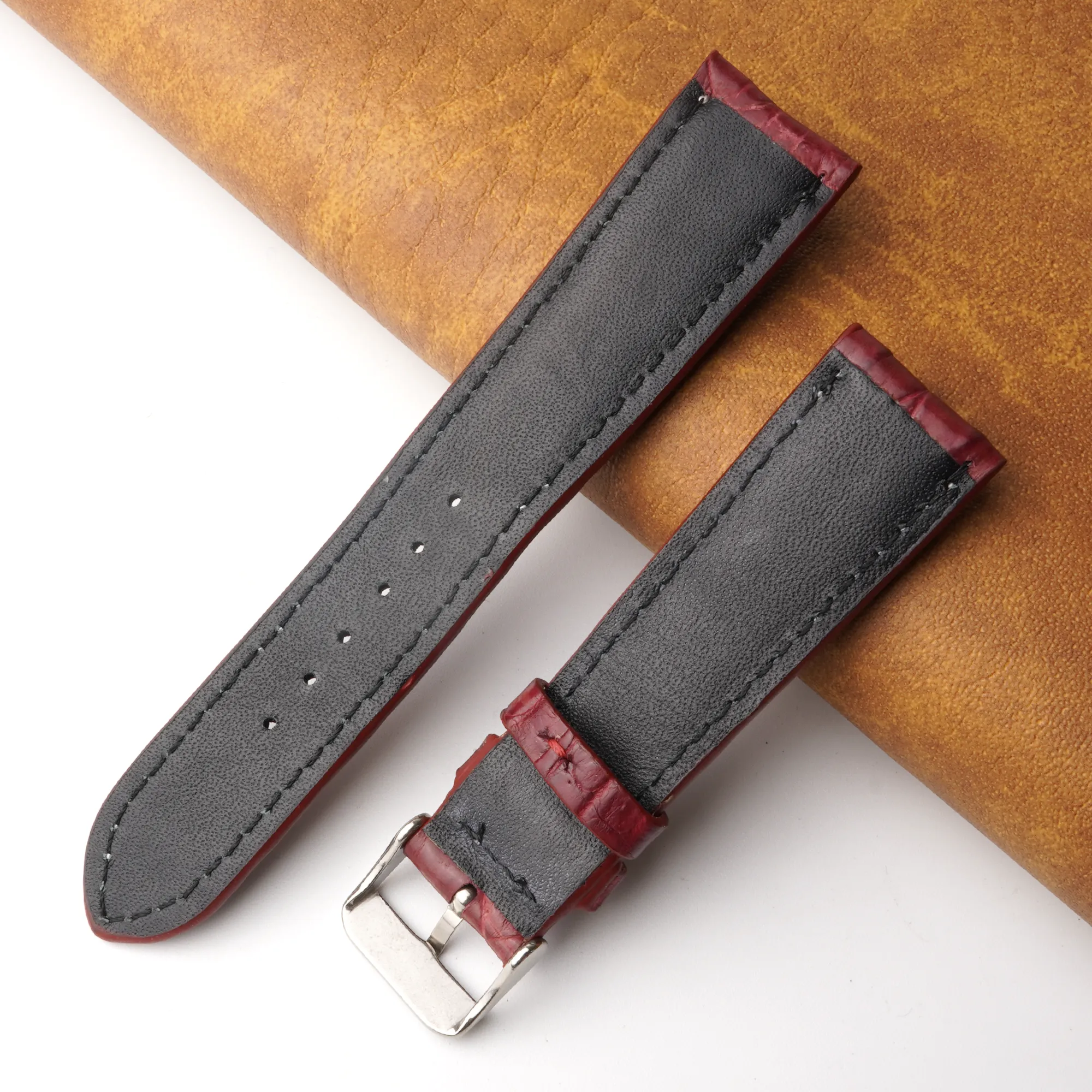 21mm Burgundy Unique Pattern Alligator Leather Watch Band For Men DH-224M