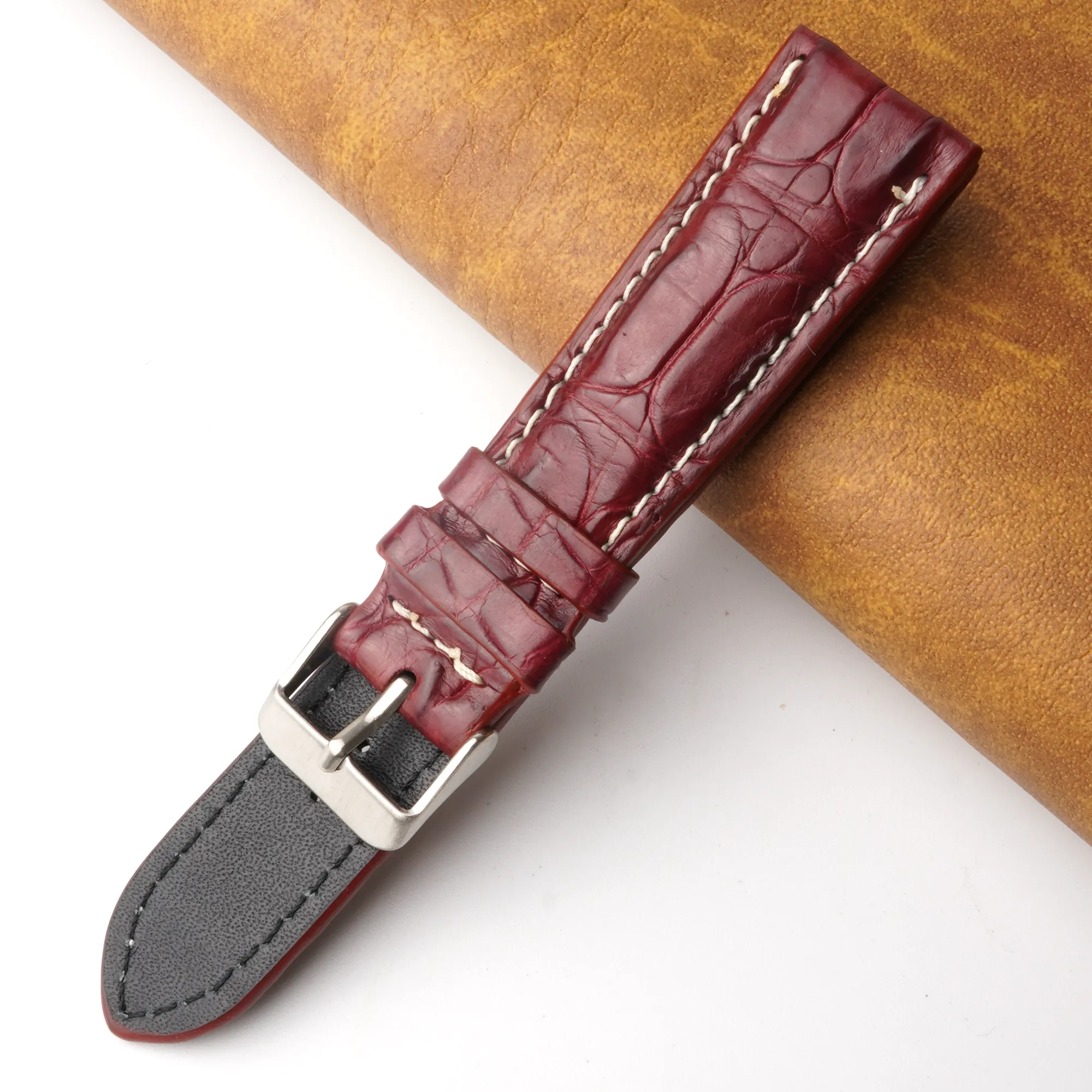 21mm Burgundy Unique Pattern Alligator Leather Watch Band For Men DH-224M