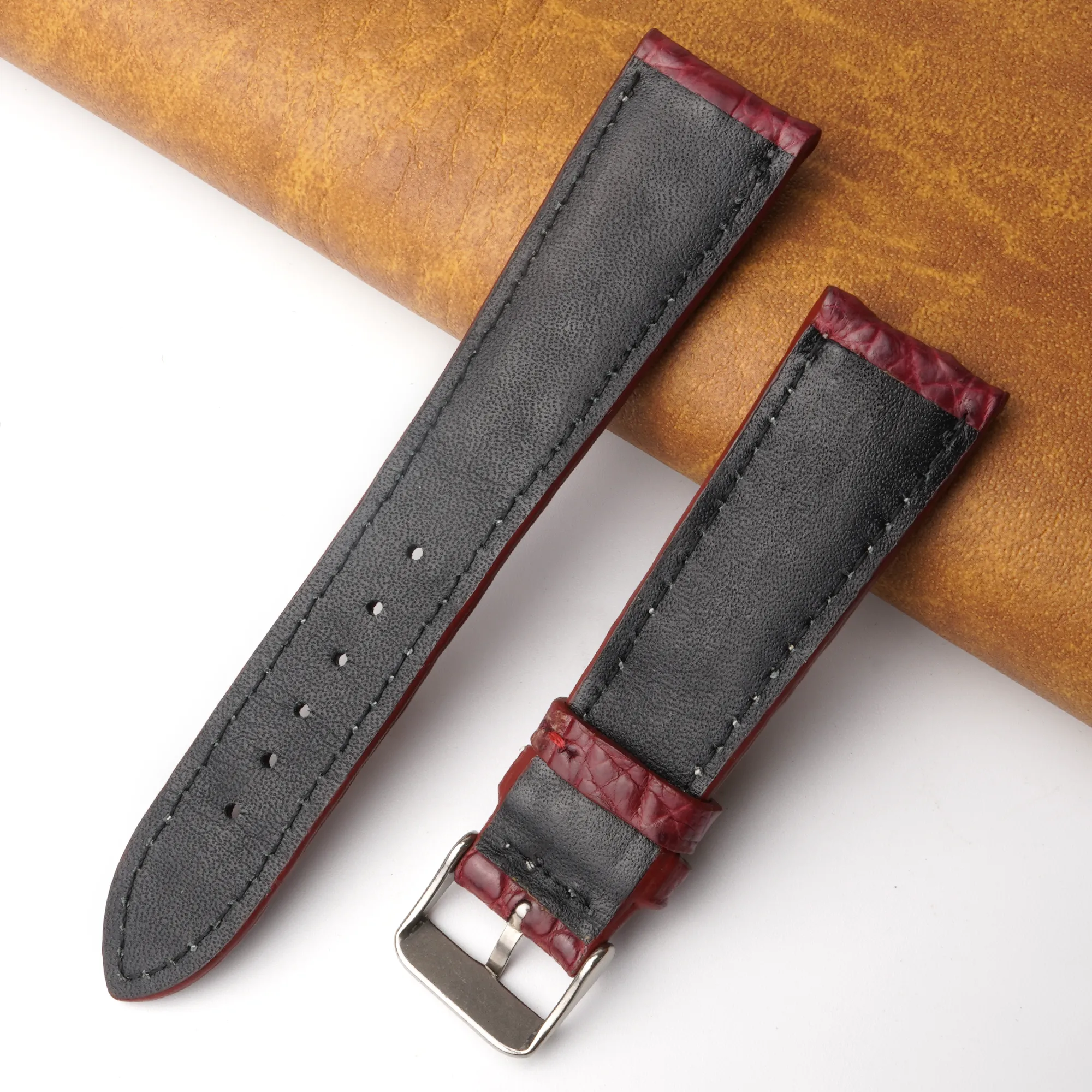 22mm Burgundy Unique Pattern Alligator Leather Watch Band For Men DH-224Q