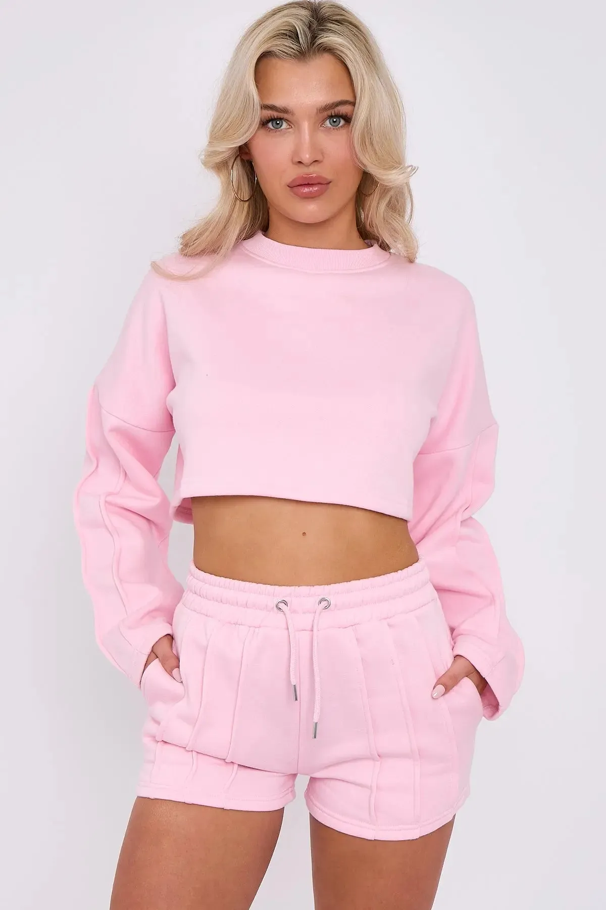 3 Seam Detail Round Neck Crop Top and Short Tracksuit Set