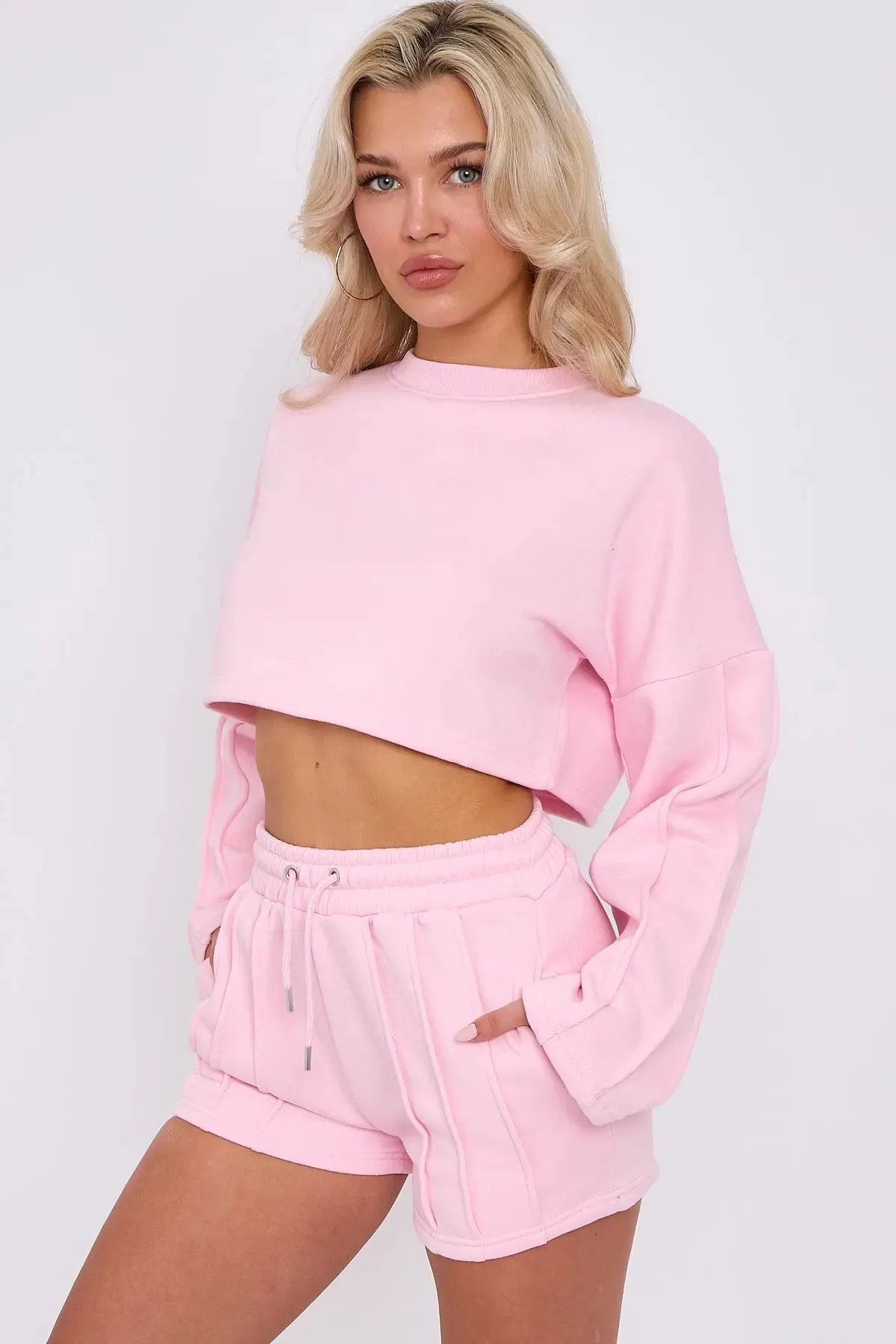 3 Seam Detail Round Neck Crop Top and Short Tracksuit Set