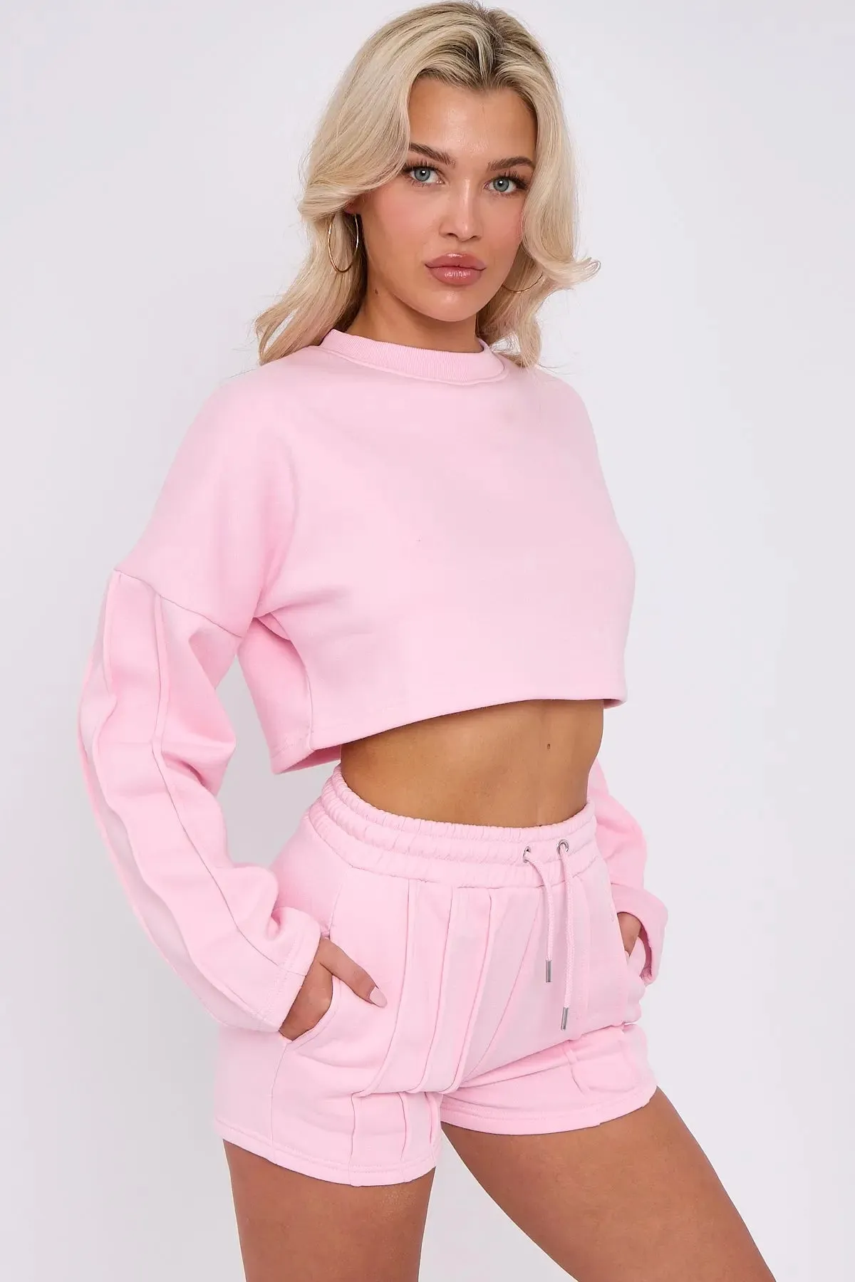 3 Seam Detail Round Neck Crop Top and Short Tracksuit Set