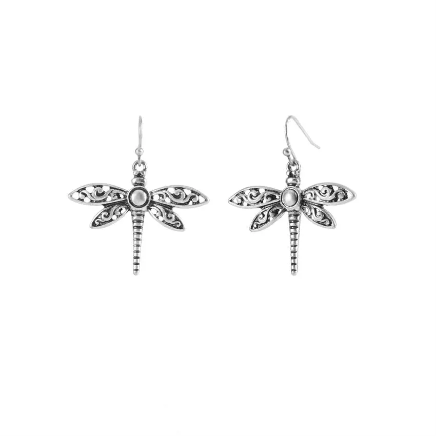 Antique Silver Dragonfly Dangle Earrings