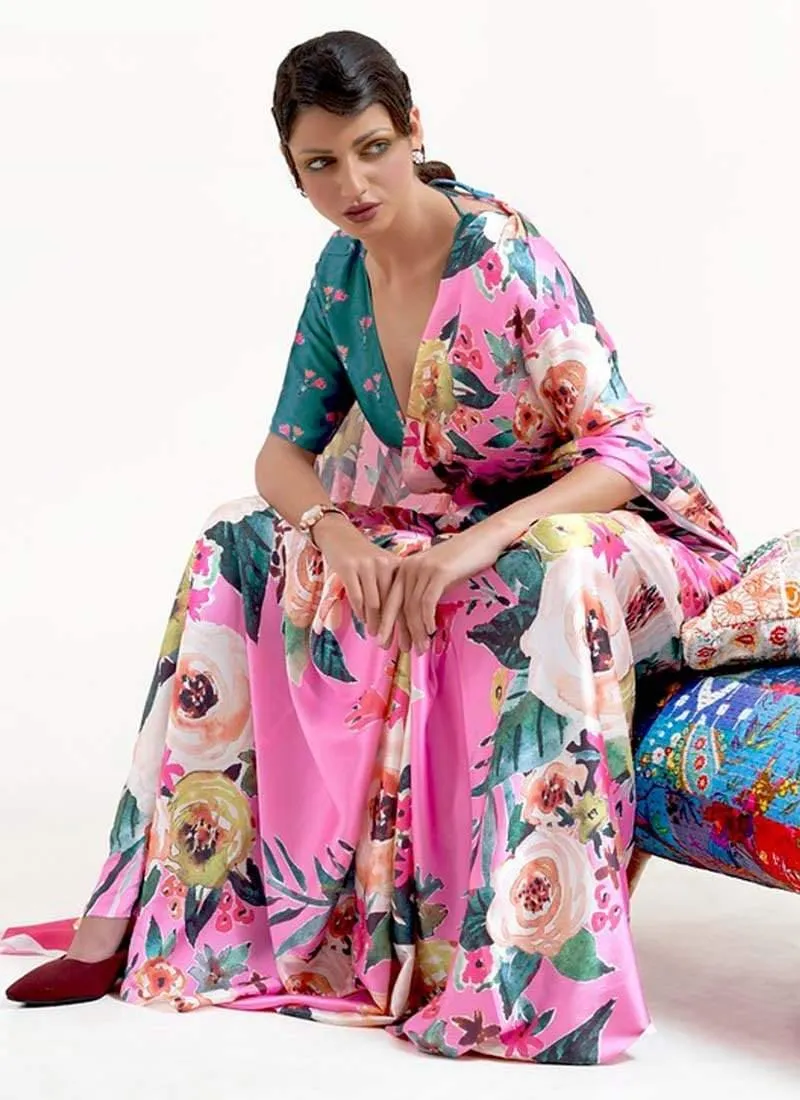 Artistic Pink Color Crepe Fabric V-neck Blouse Floral Print Saree