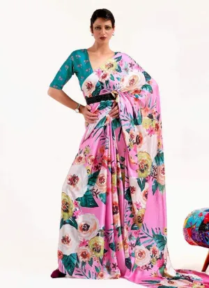 Artistic Pink Color Crepe Fabric V-neck Blouse Floral Print Saree