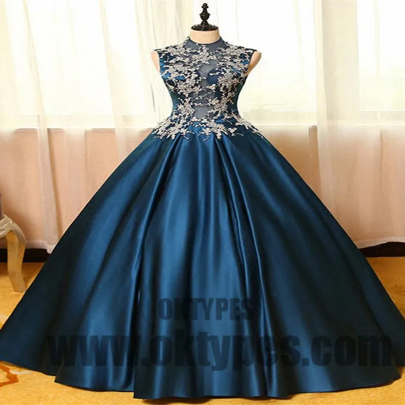 Ball Gown High Neck Floor-length Sleeveless Elastic Woven Satin Prom Dress/Evening Dress, TYP0435