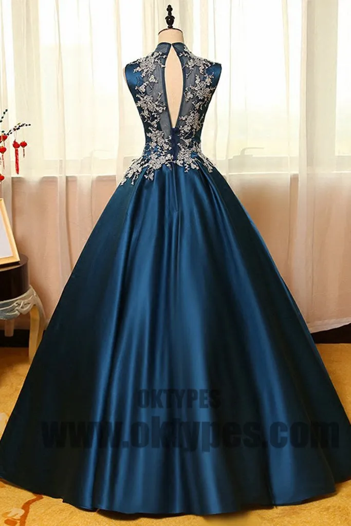 Ball Gown High Neck Floor-length Sleeveless Elastic Woven Satin Prom Dress/Evening Dress, TYP0435