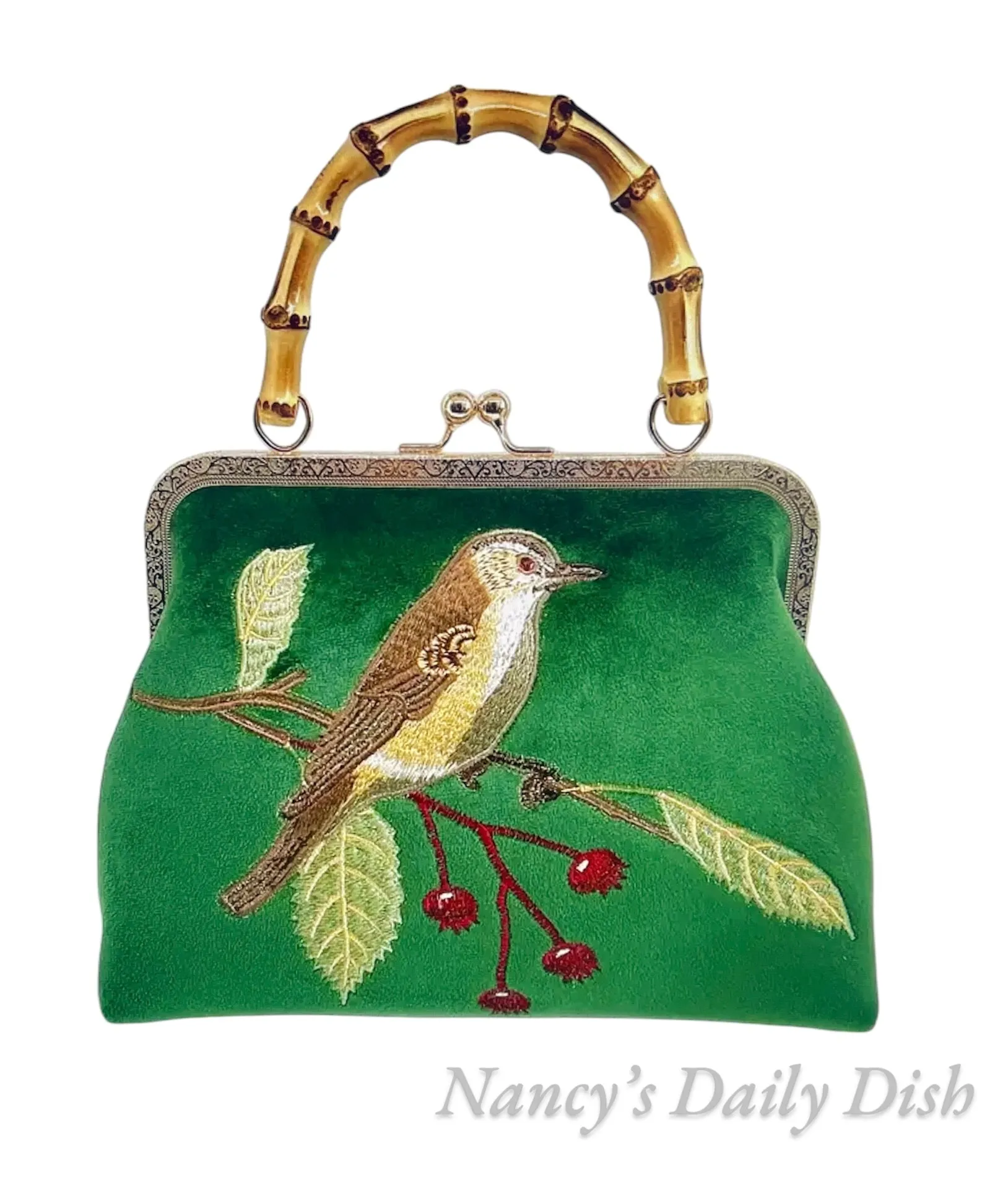 Bamboo Handle Embroidered Green Velvet Brown Bird Red Berries Clasp Purse Hand Bag