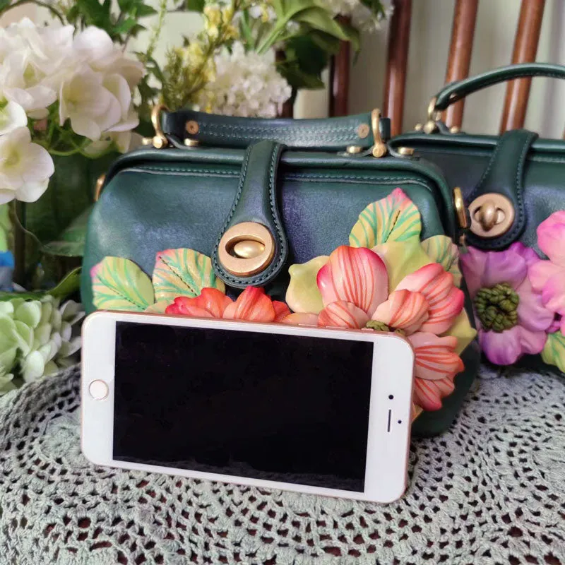 Casual Vintage Dark Green Leather Handbag with Handmade Flower Clusters