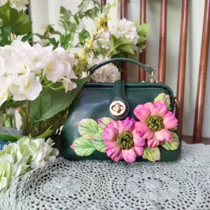 Casual Vintage Dark Green Leather Handbag with Handmade Flower Clusters