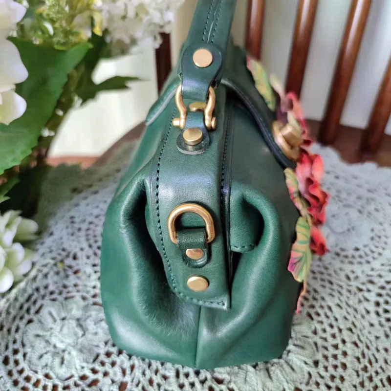 Casual Vintage Dark Green Leather Handbag with Handmade Flower Clusters