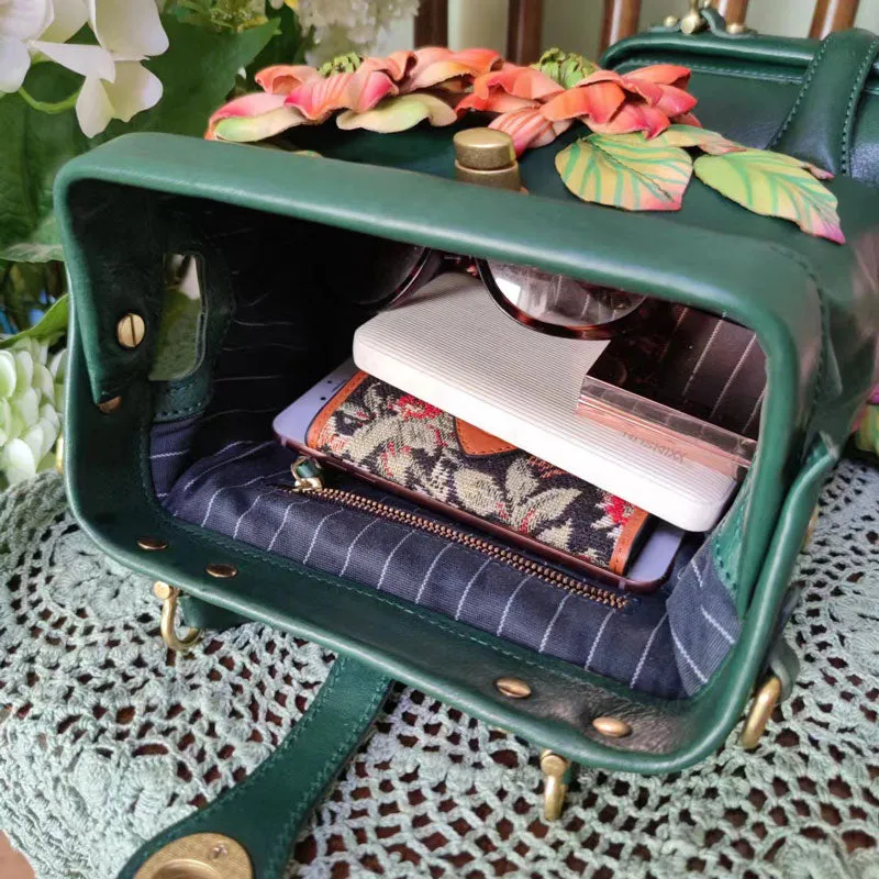 Casual Vintage Dark Green Leather Handbag with Handmade Flower Clusters