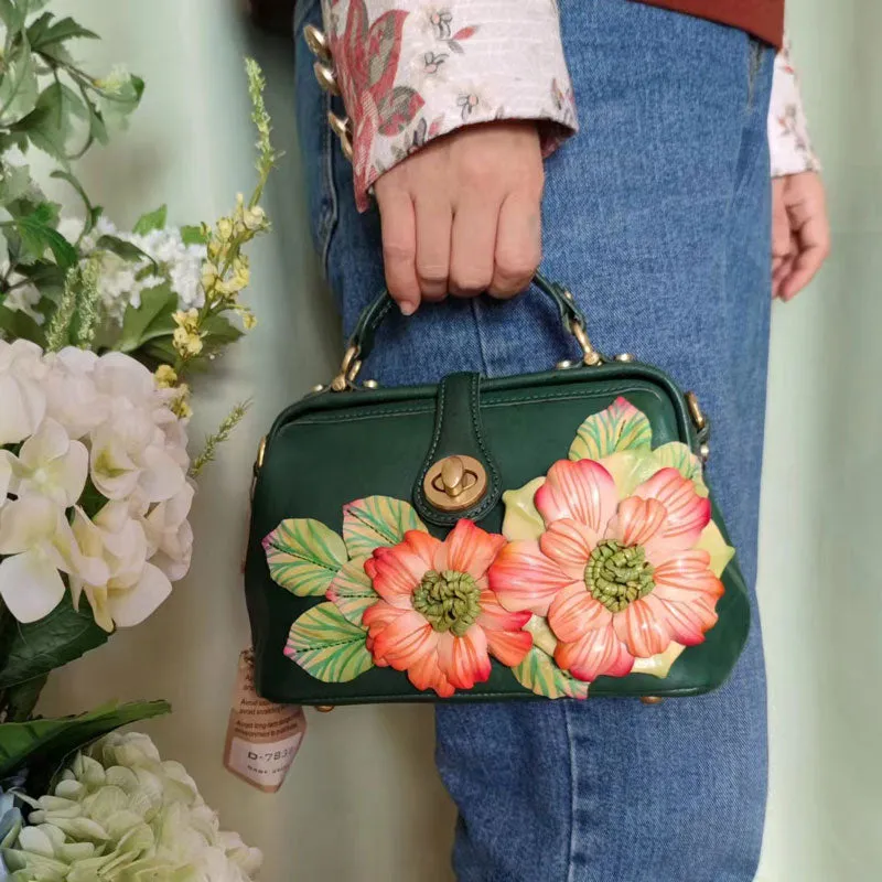 Casual Vintage Dark Green Leather Handbag with Handmade Flower Clusters