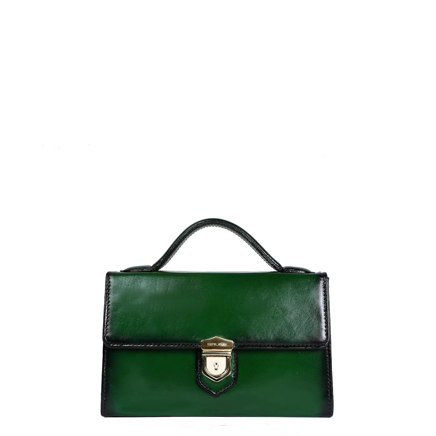 Classic Green Leather Ladies Bag with Squared Opening Secured Metal Lock