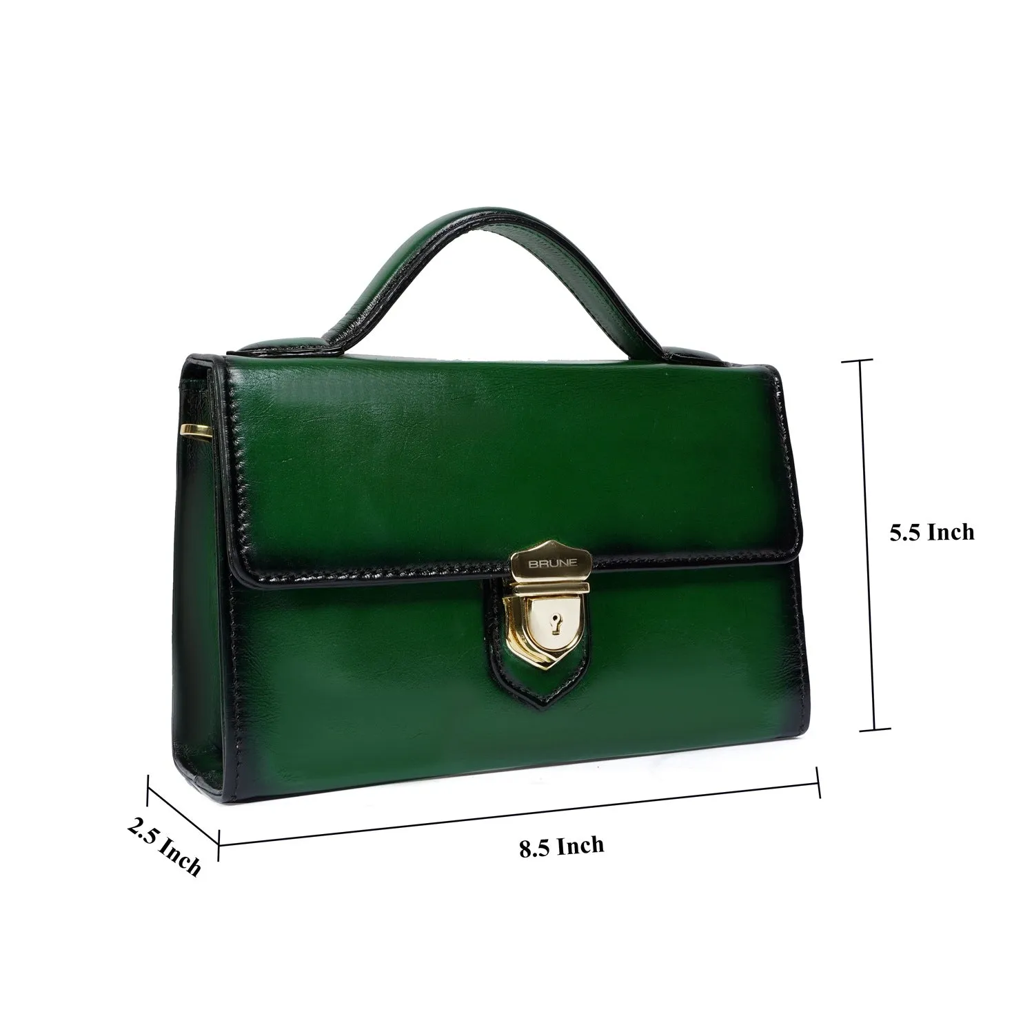 Classic Green Leather Ladies Bag with Squared Opening Secured Metal Lock