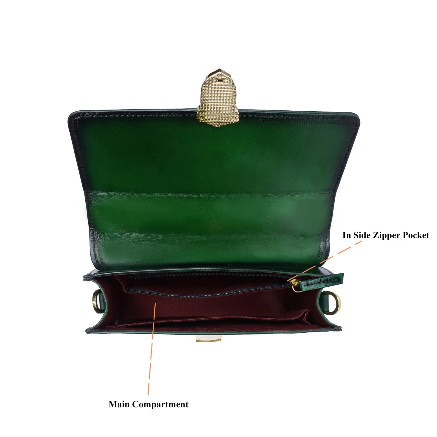 Classic Green Leather Ladies Bag with Squared Opening Secured Metal Lock