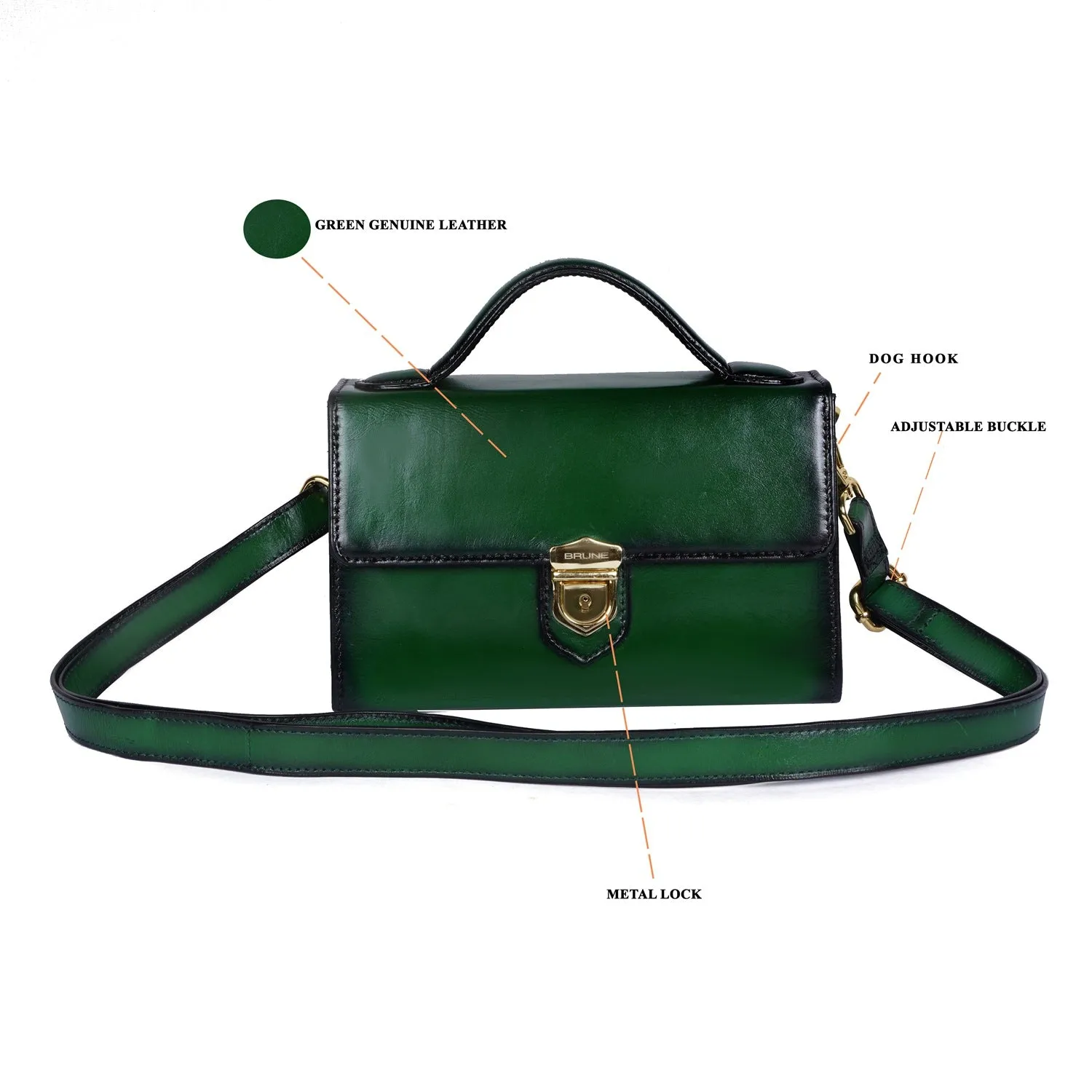 Classic Green Leather Ladies Bag with Squared Opening Secured Metal Lock