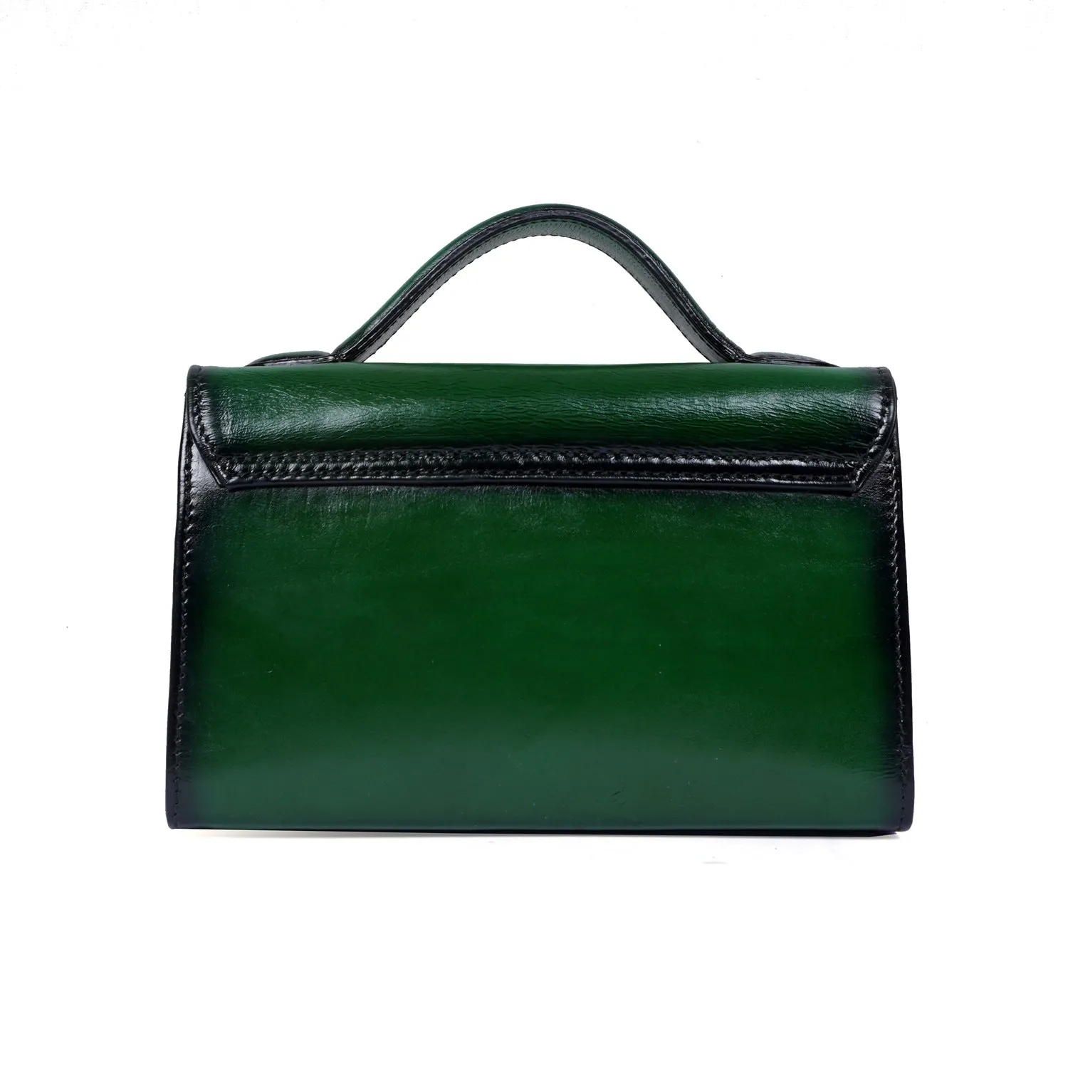 Classic Green Leather Ladies Bag with Squared Opening Secured Metal Lock