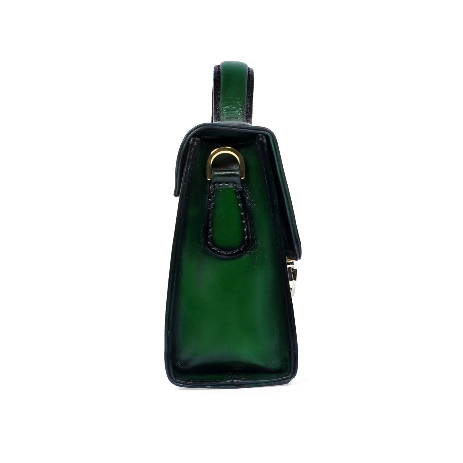 Classic Green Leather Ladies Bag with Squared Opening Secured Metal Lock