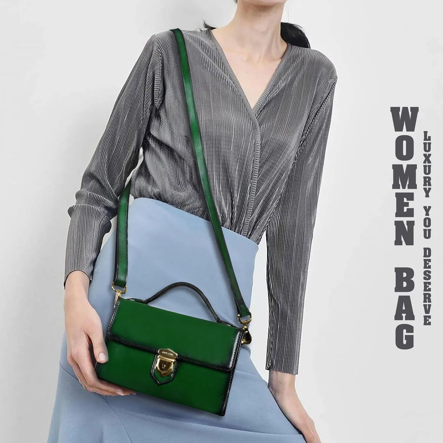 Classic Green Leather Ladies Bag with Squared Opening Secured Metal Lock