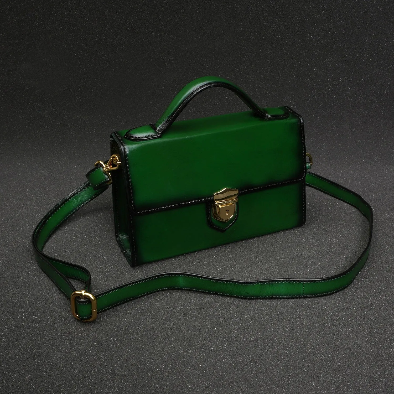 Classic Green Leather Ladies Bag with Squared Opening Secured Metal Lock