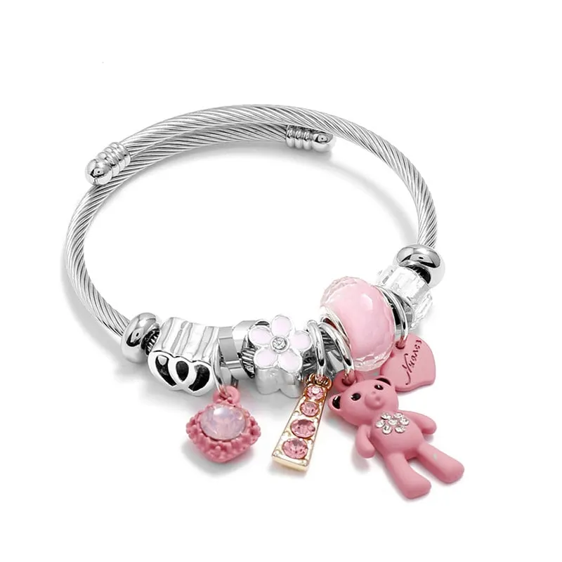 DEANWANGKT Fashion Bracelets & Bangles Stainless Steel DIY Jewelry Big Pink Bear Pendant Hearts Love Women's Bracelet Cuff Charms Pulseras