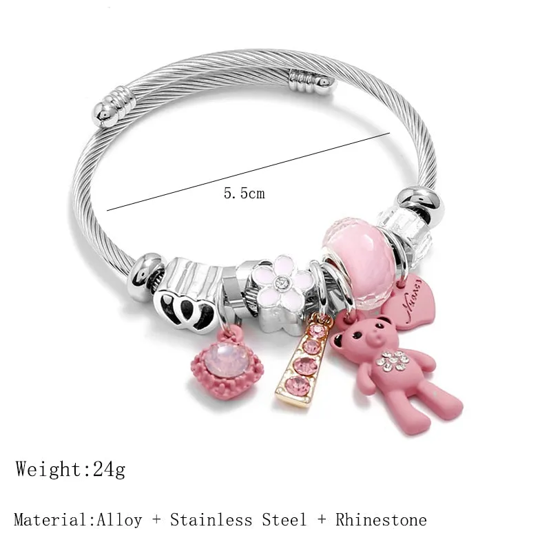 DEANWANGKT Fashion Bracelets & Bangles Stainless Steel DIY Jewelry Big Pink Bear Pendant Hearts Love Women's Bracelet Cuff Charms Pulseras