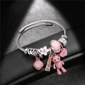 DEANWANGKT Fashion Bracelets & Bangles Stainless Steel DIY Jewelry Big Pink Bear Pendant Hearts Love Women's Bracelet Cuff Charms Pulseras