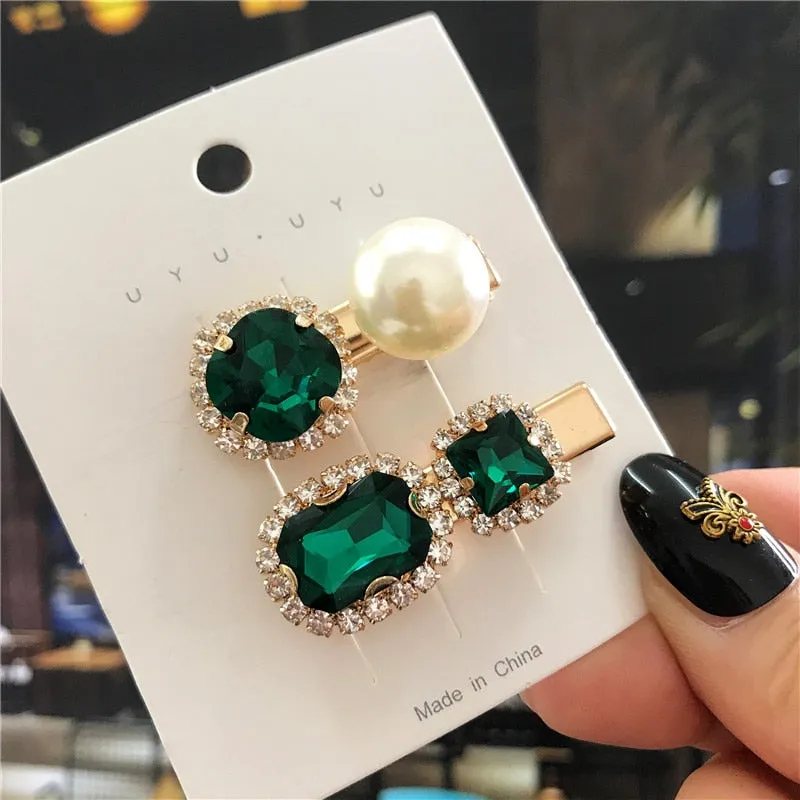 deanwangkt  New Green Crystal Hair Clip Hairpins for Women Fashion Simulated Pearl Hair Accessories Set Luxury Wedding Female Ornaments