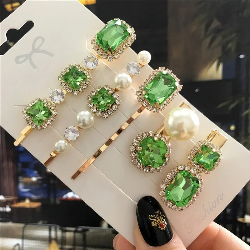 deanwangkt  New Green Crystal Hair Clip Hairpins for Women Fashion Simulated Pearl Hair Accessories Set Luxury Wedding Female Ornaments