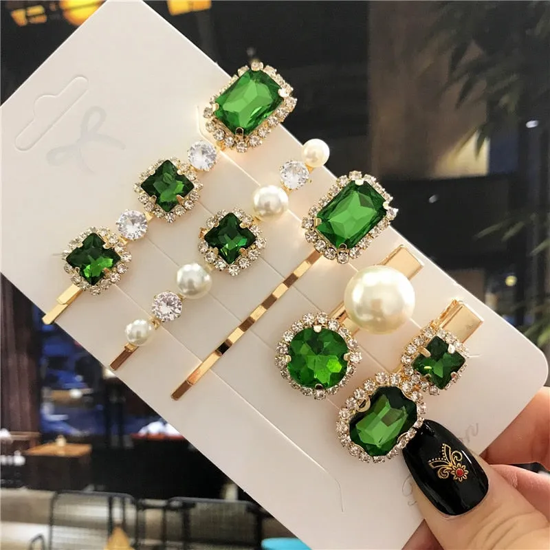 deanwangkt  New Green Crystal Hair Clip Hairpins for Women Fashion Simulated Pearl Hair Accessories Set Luxury Wedding Female Ornaments