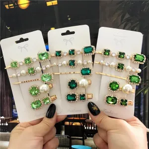 deanwangkt  New Green Crystal Hair Clip Hairpins for Women Fashion Simulated Pearl Hair Accessories Set Luxury Wedding Female Ornaments