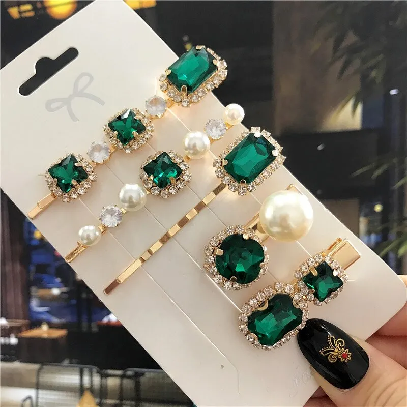 deanwangkt  New Green Crystal Hair Clip Hairpins for Women Fashion Simulated Pearl Hair Accessories Set Luxury Wedding Female Ornaments