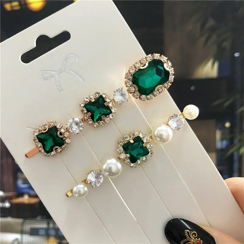 deanwangkt  New Green Crystal Hair Clip Hairpins for Women Fashion Simulated Pearl Hair Accessories Set Luxury Wedding Female Ornaments