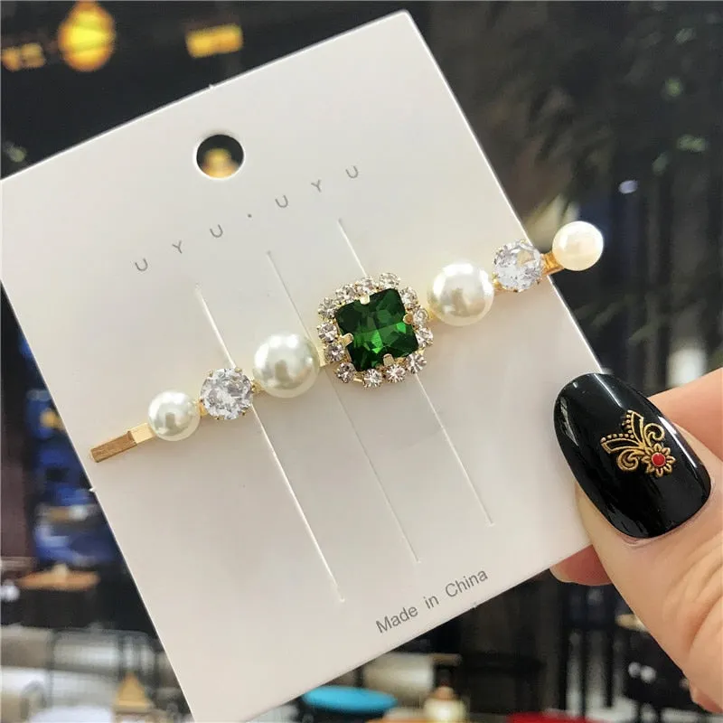 deanwangkt  New Green Crystal Hair Clip Hairpins for Women Fashion Simulated Pearl Hair Accessories Set Luxury Wedding Female Ornaments