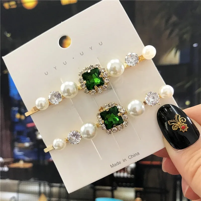 deanwangkt  New Green Crystal Hair Clip Hairpins for Women Fashion Simulated Pearl Hair Accessories Set Luxury Wedding Female Ornaments