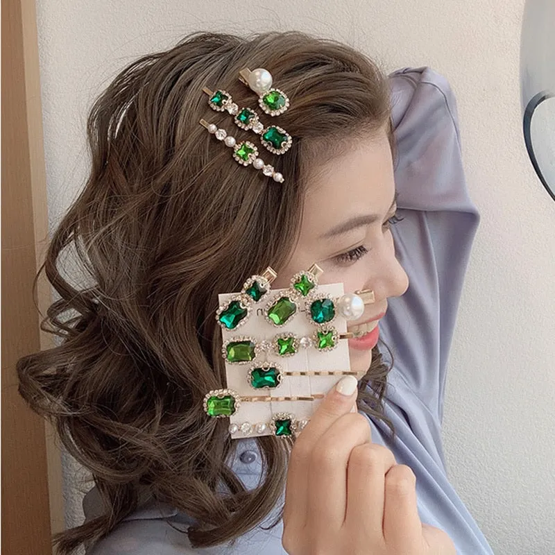 deanwangkt  New Green Crystal Hair Clip Hairpins for Women Fashion Simulated Pearl Hair Accessories Set Luxury Wedding Female Ornaments