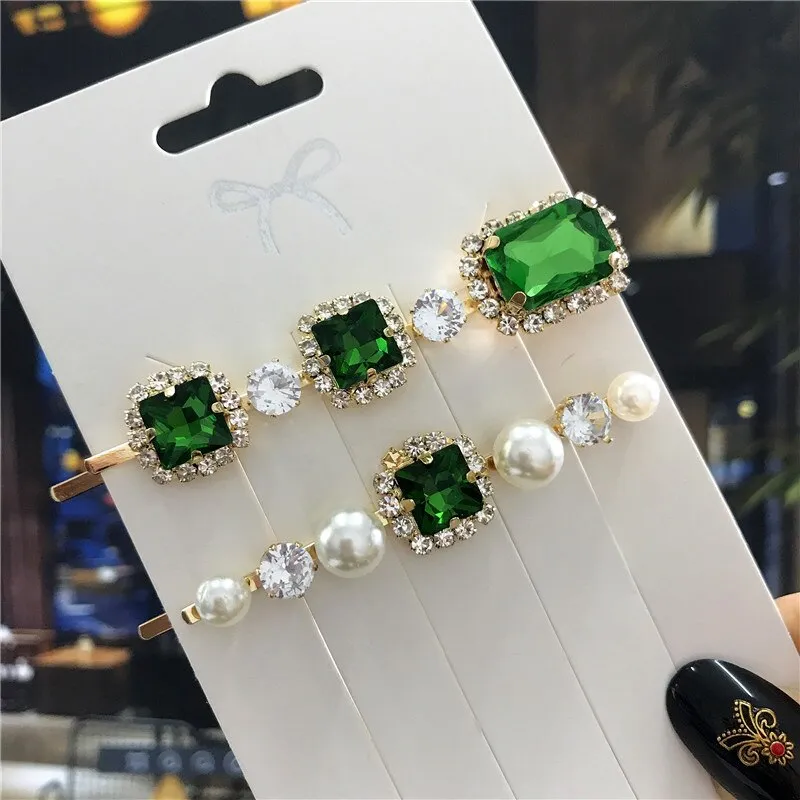 deanwangkt  New Green Crystal Hair Clip Hairpins for Women Fashion Simulated Pearl Hair Accessories Set Luxury Wedding Female Ornaments