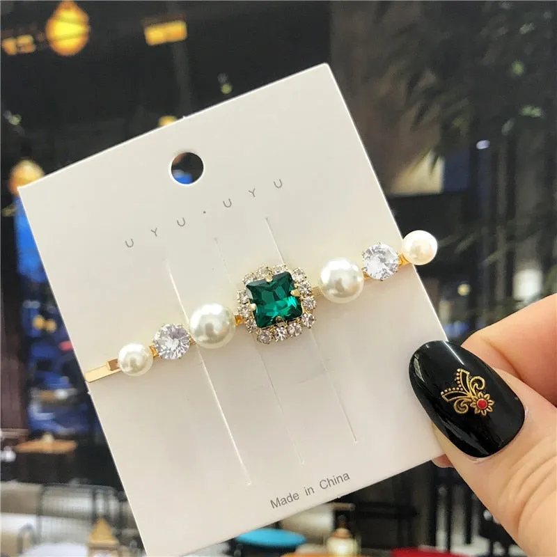 deanwangkt  New Green Crystal Hair Clip Hairpins for Women Fashion Simulated Pearl Hair Accessories Set Luxury Wedding Female Ornaments