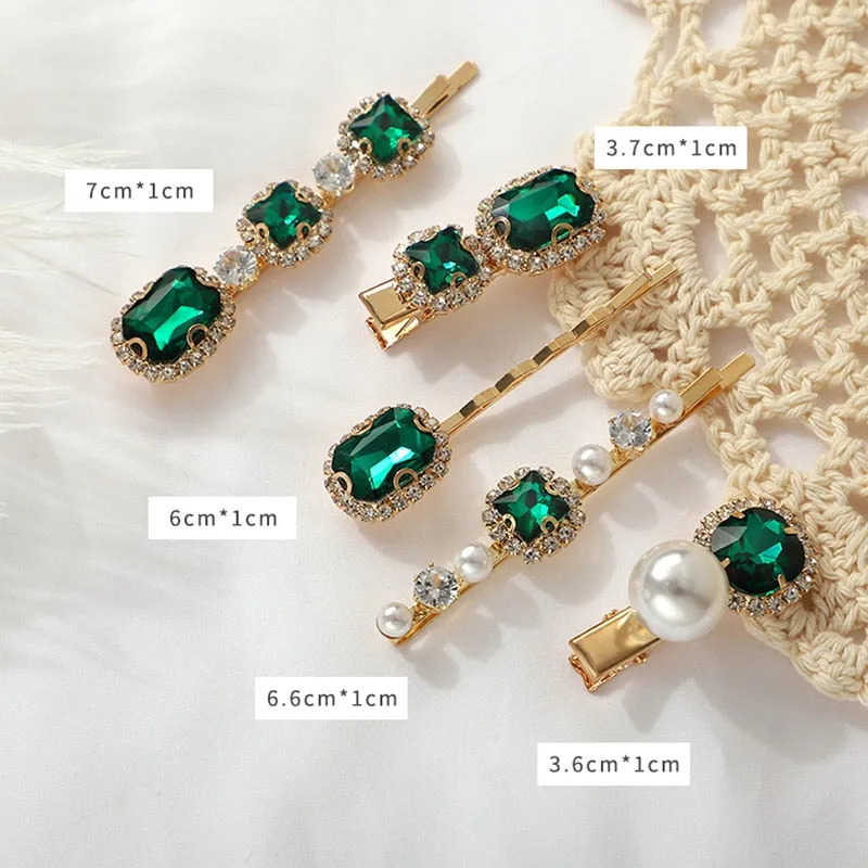 deanwangkt  New Green Crystal Hair Clip Hairpins for Women Fashion Simulated Pearl Hair Accessories Set Luxury Wedding Female Ornaments