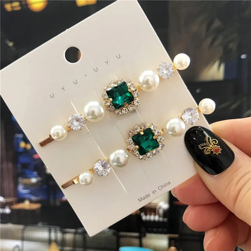 deanwangkt  New Green Crystal Hair Clip Hairpins for Women Fashion Simulated Pearl Hair Accessories Set Luxury Wedding Female Ornaments