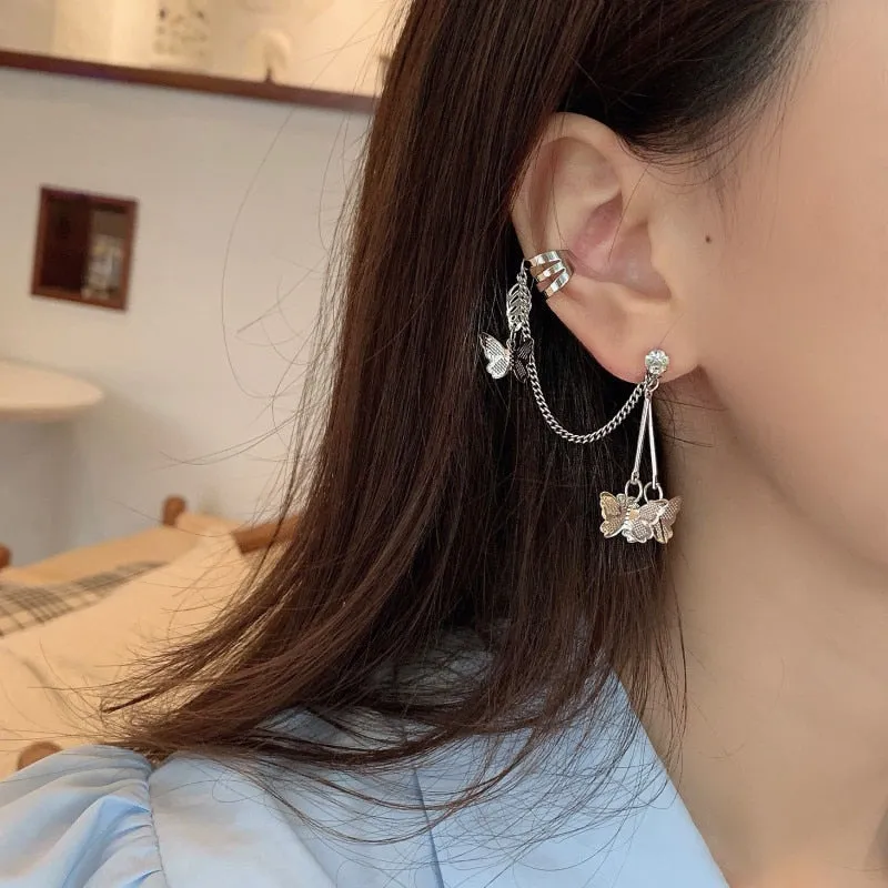 DEANWANGKT Trend  New Animal Birds Tassel Women Earrings Clip Ear Cuff Silver Color Stars No Pierced Ear Hook Long Chain Earing Jewelry