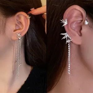 DEANWANGKT Trend  New Animal Birds Tassel Women Earrings Clip Ear Cuff Silver Color Stars No Pierced Ear Hook Long Chain Earing Jewelry