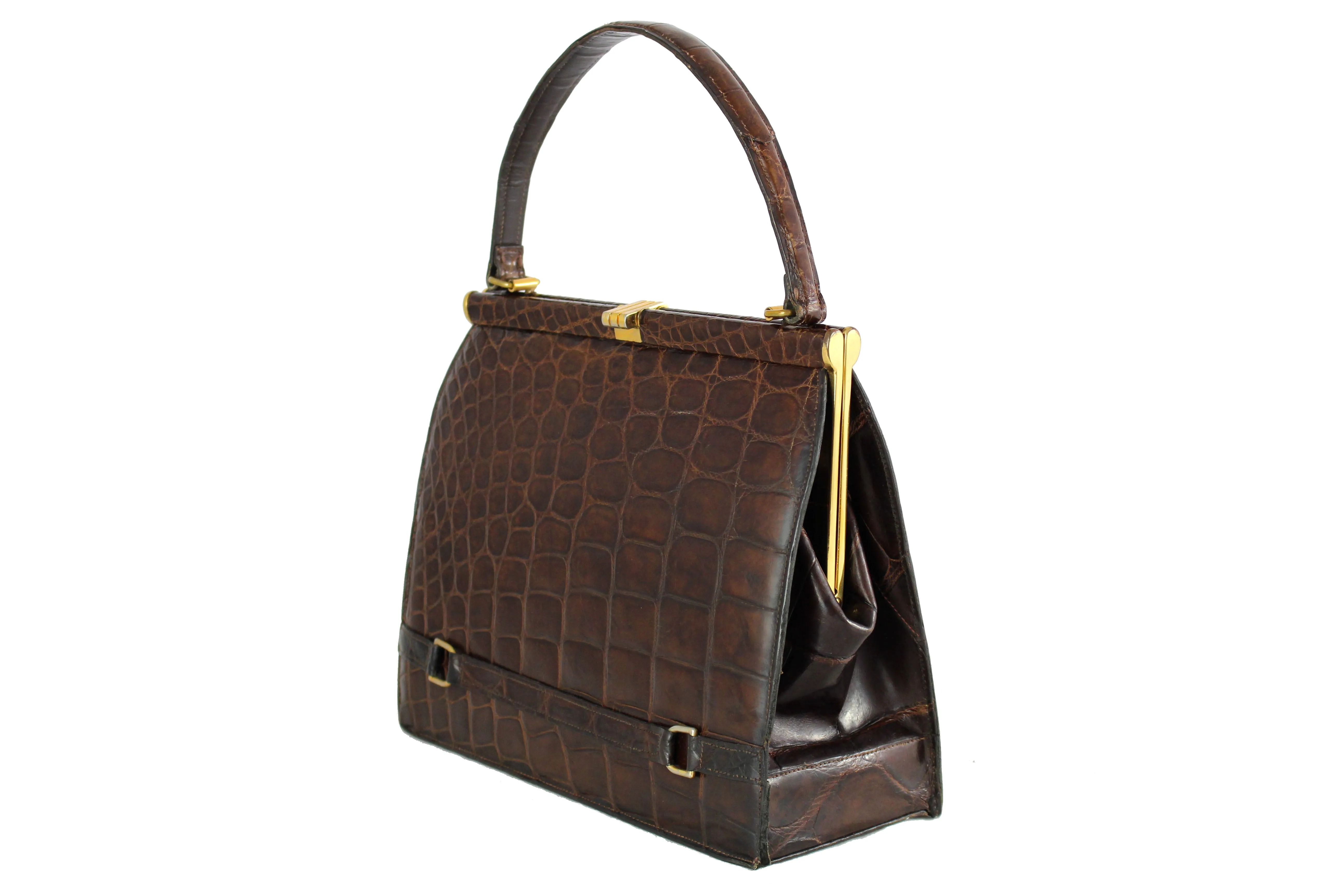 DEAUVILLE chocolate brown crocodile skin handbag