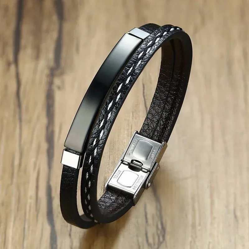 Delysia King 2021 Trendy Men Leatherwear Weave Bracelet Leisure Color Contrast Stainless Steel Bangle