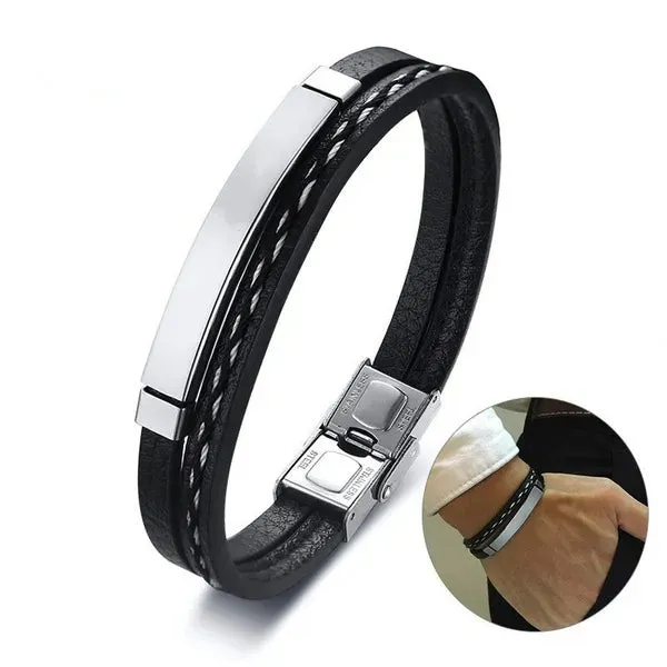 Delysia King 2021 Trendy Men Leatherwear Weave Bracelet Leisure Color Contrast Stainless Steel Bangle