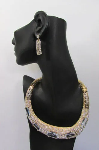 Gold Metal Short Choker Necklace Big Multi Rhinestones Earring Set