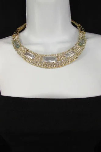 Gold Metal Short Choker Necklace Big Multi Rhinestones Earring Set