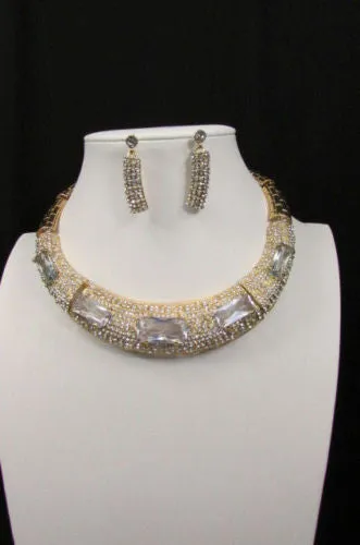 Gold Metal Short Choker Necklace Big Multi Rhinestones Earring Set